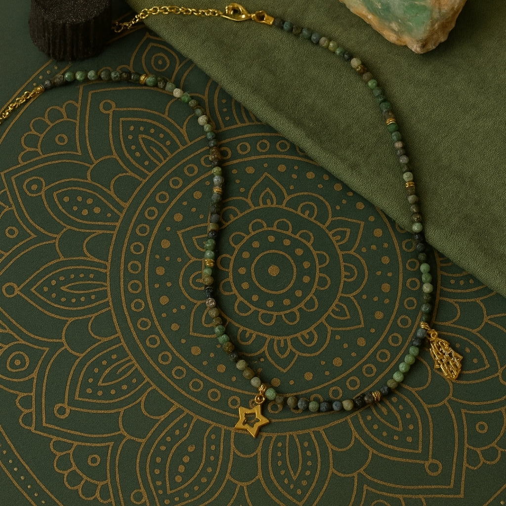 Chrysoprase Necklace 3 mm Faceted |Hamsa Star Talisman