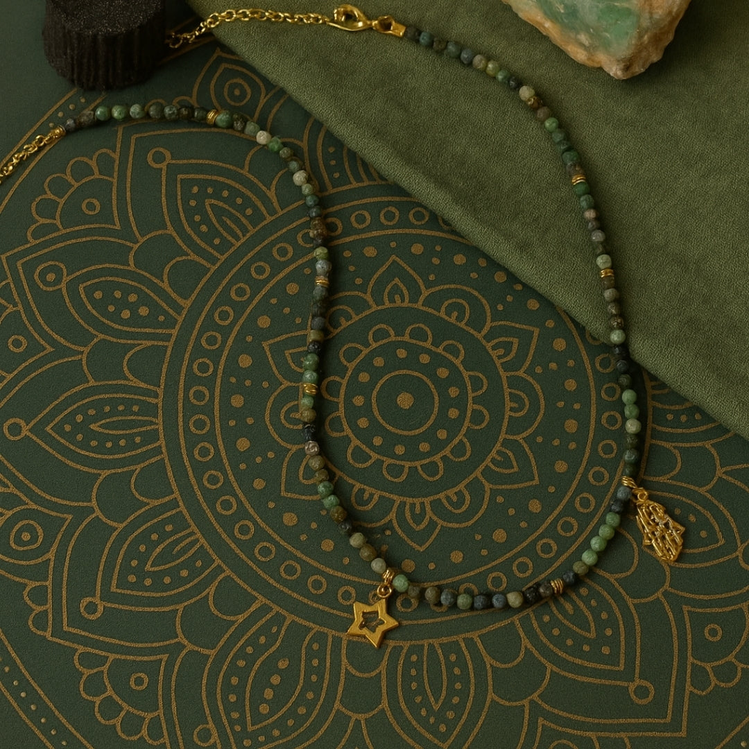 Chrysoprase Necklace 3 mm Faceted |Hamsa Star Talisman