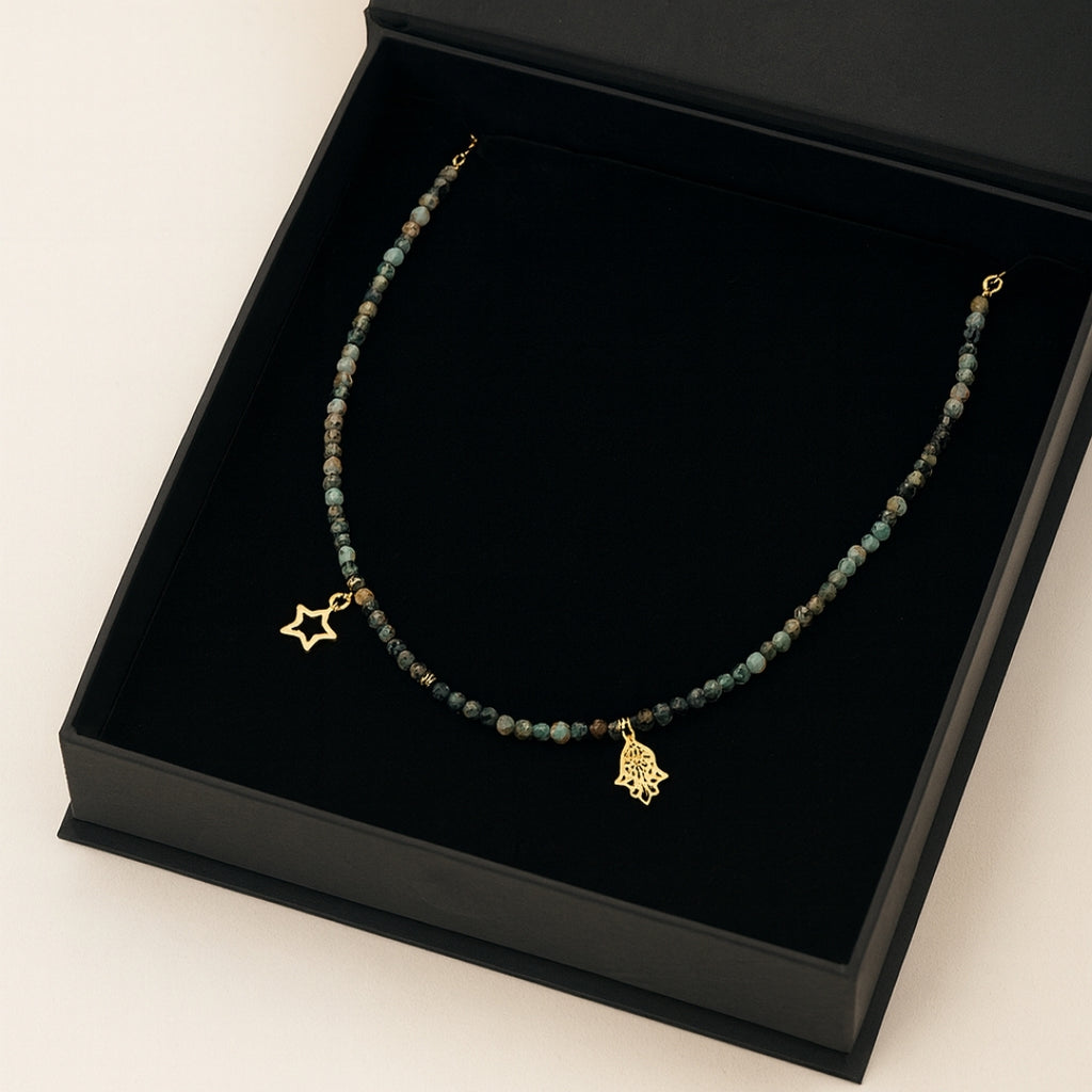 Chrysoprase Necklace 3 mm Faceted |Hamsa Star Talisman