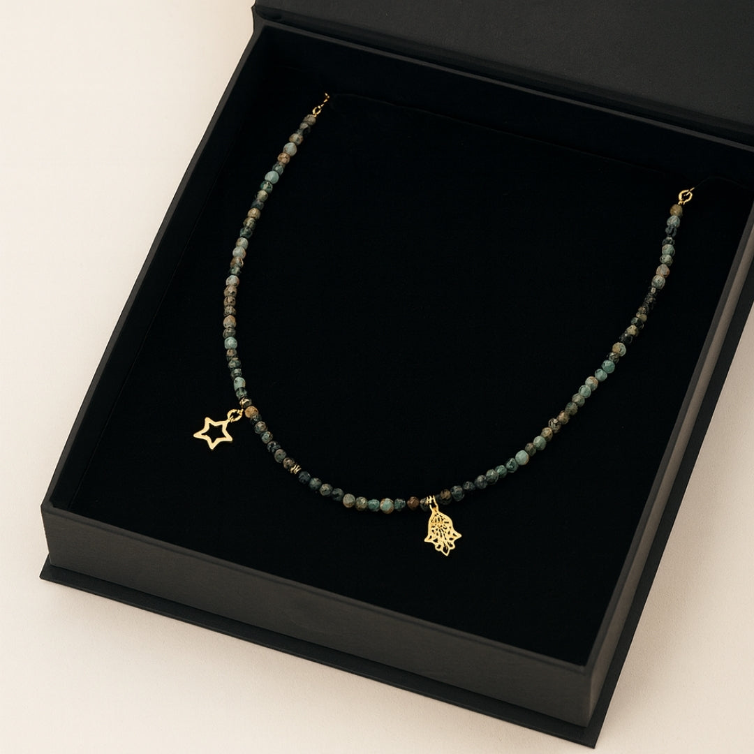 Chrysoprase Necklace 3 mm Faceted |Hamsa Star Talisman