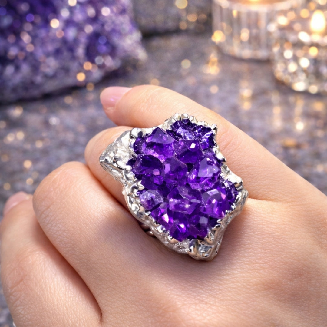 Raw  Amethyst Ring  |  Gaia Codex — PRIMAL FORM | Raw Crystal Statement Ring | Adjustable Silver-Plated Ring | Unique Artisan Jewelry