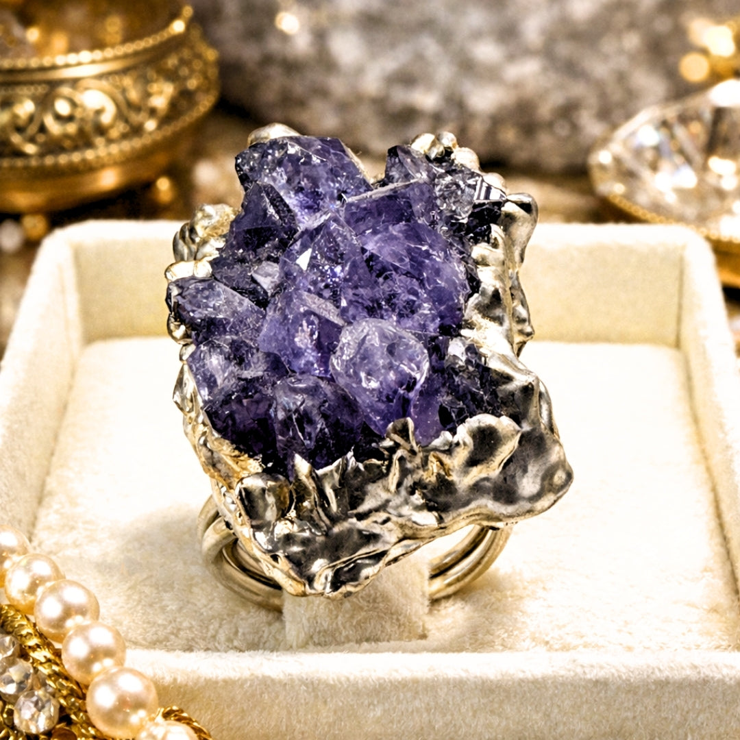 Raw  Amethyst Ring  |  Gaia Codex — PRIMAL FORM | Raw Crystal Statement Ring | Adjustable Silver-Plated Ring | Unique Artisan Jewelry
