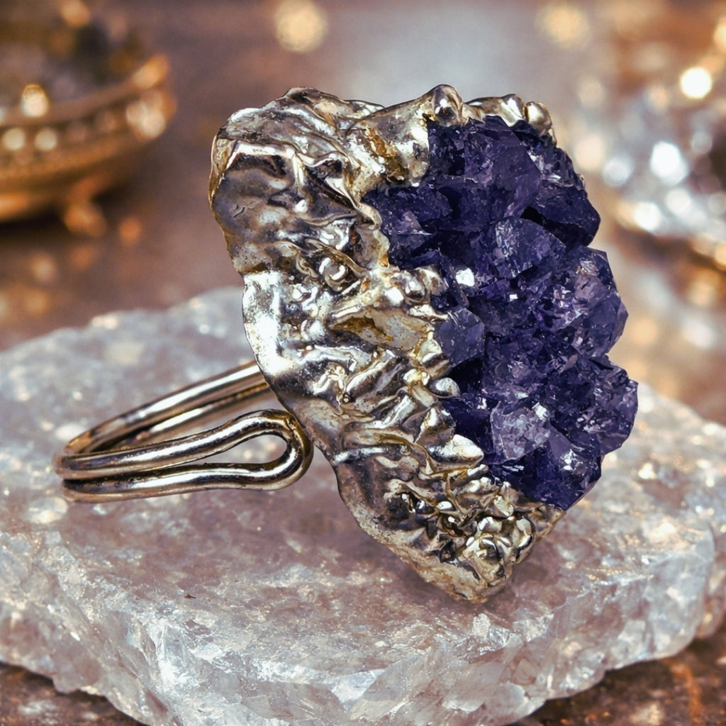 Raw  Amethyst Ring  |  Gaia Codex — PRIMAL FORM | Raw Crystal Statement Ring | Adjustable Silver-Plated Ring | Unique Artisan Jewelry