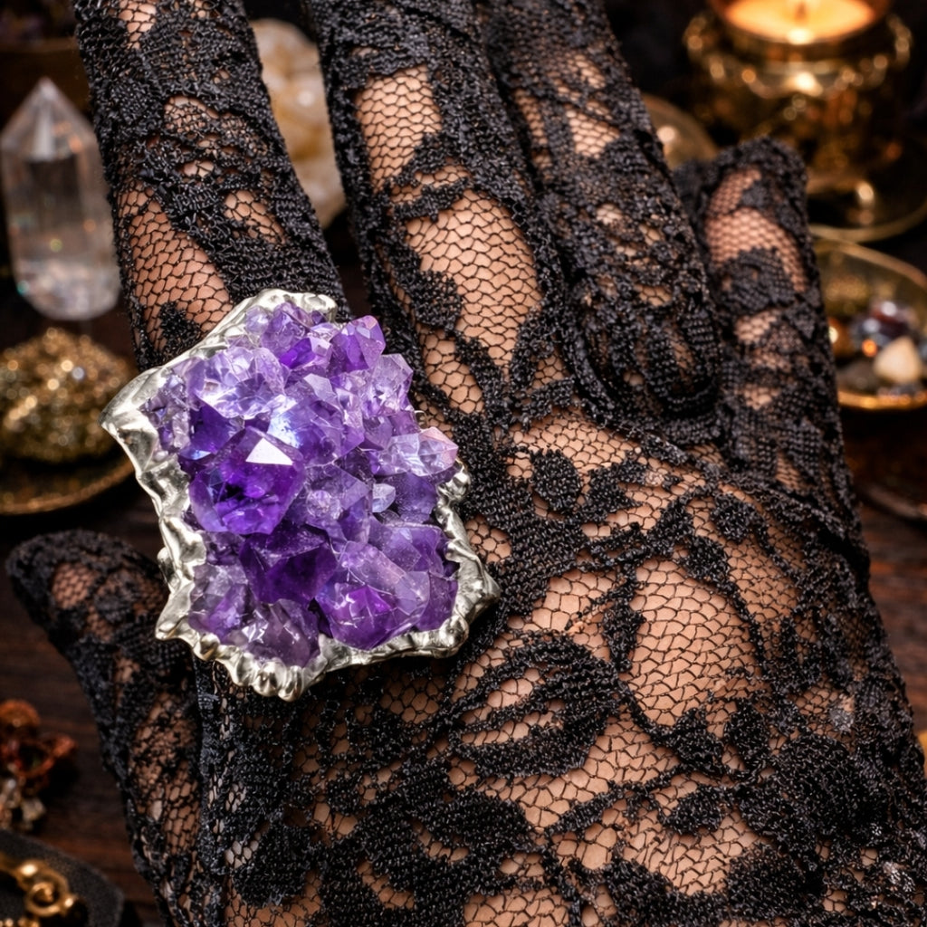 Raw  Amethyst Ring  |  Gaia Codex — PRIMAL FORM | Raw Crystal Statement Ring | Adjustable Silver-Plated Ring | Unique Artisan Jewelry