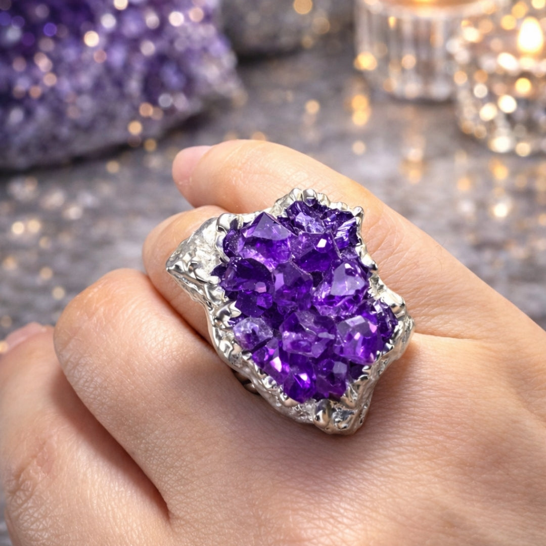 Raw  Amethyst Ring  |  Gaia Codex — PRIMAL FORM | Raw Crystal Statement Ring | Adjustable Silver-Plated Ring | Unique Artisan Jewelry