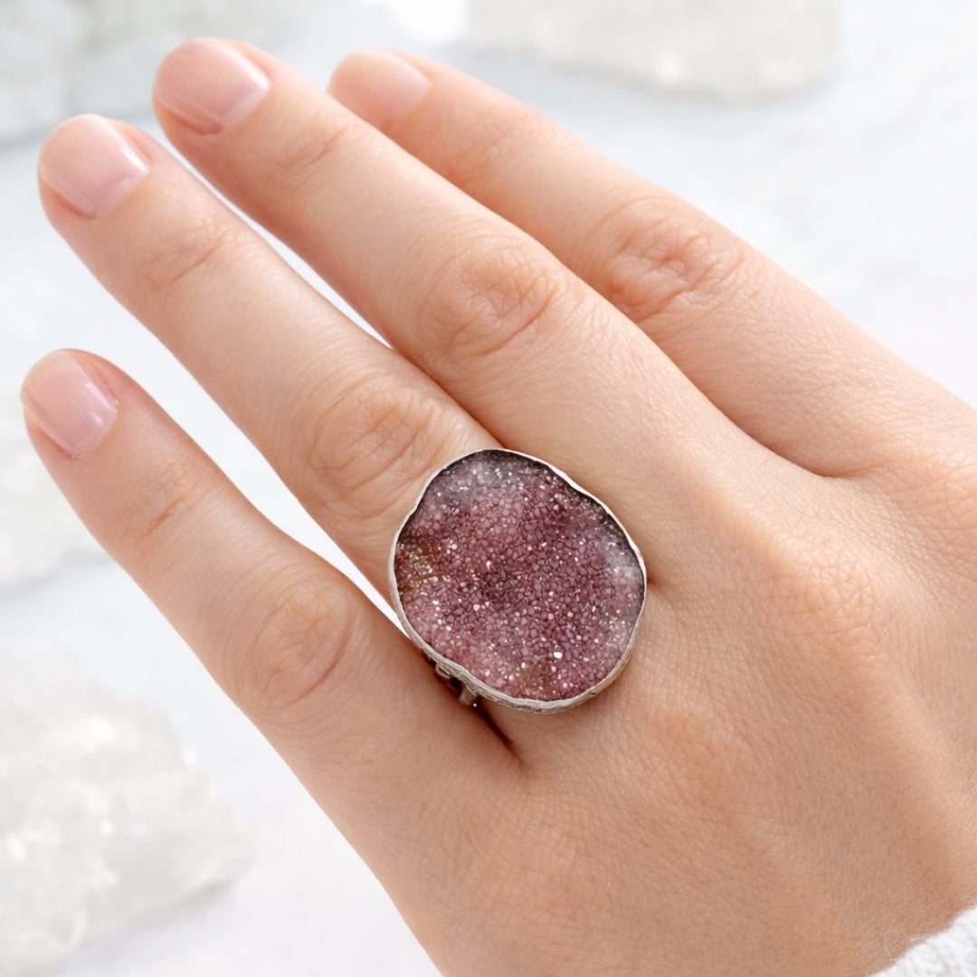 Rose Nebula Pink Druzy Ring Adjustable 925 Sterling Silver Raw Crystal Jewelry Intuition Balance Cosmic Feminine Gift