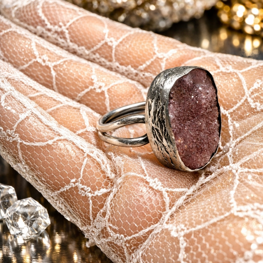 Rose Nebula Pink Druzy Ring Adjustable 925 Sterling Silver Raw Crystal Jewelry Intuition Balance Cosmic Feminine Gift