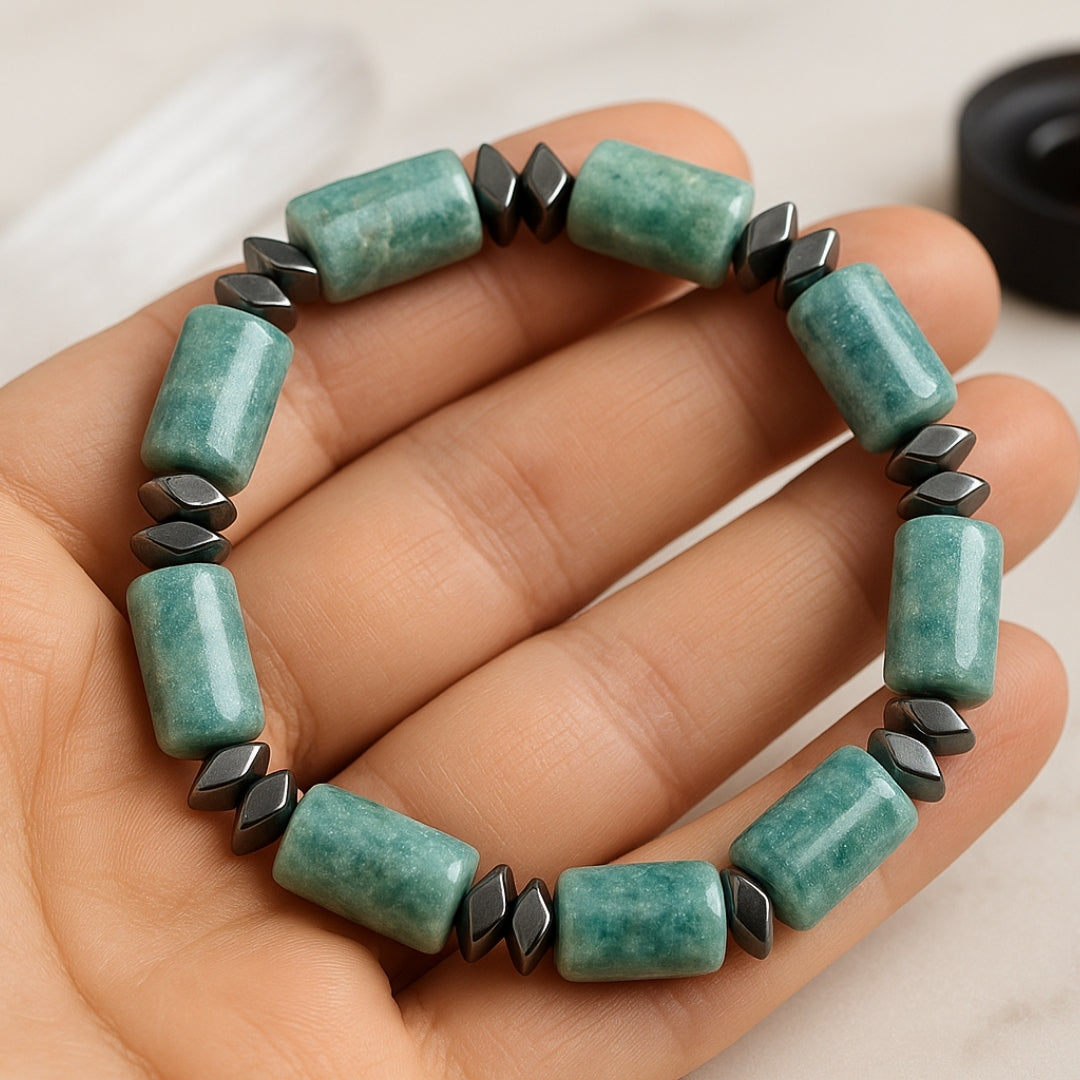 Amazonite Bracelet designed to support your throat chakra. This is the original Calm Voice Bracelet, perfect for public speaking or difficult conversations.