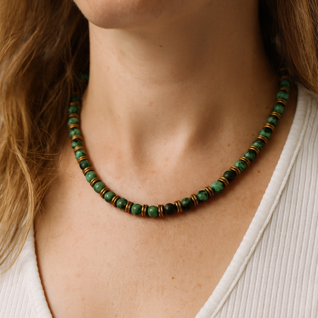 African Turquoise & Hematite Necklace 6mm | Handmade Spiritual Gift