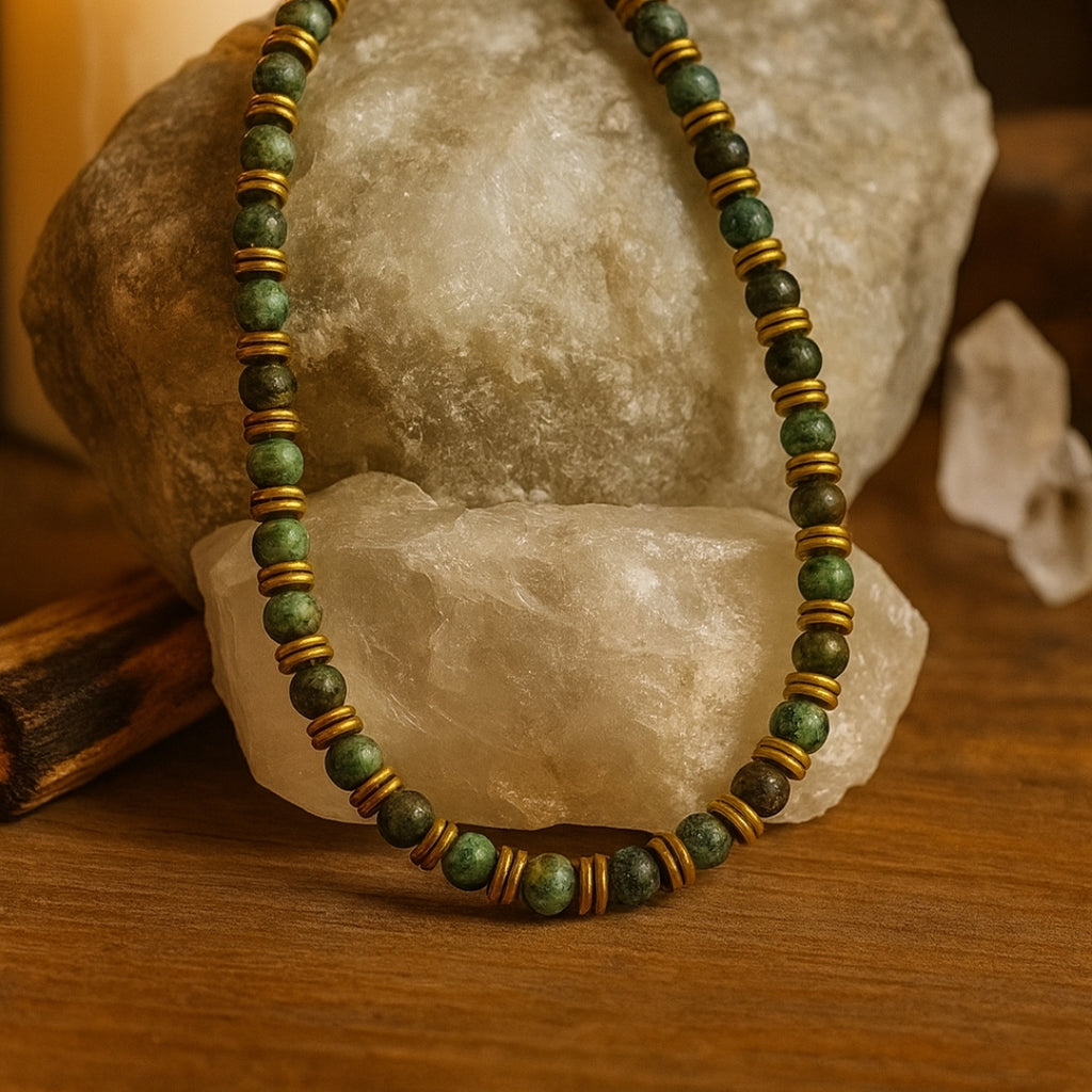 African Turquoise & Hematite Necklace 6mm | Handmade Spiritual Gift