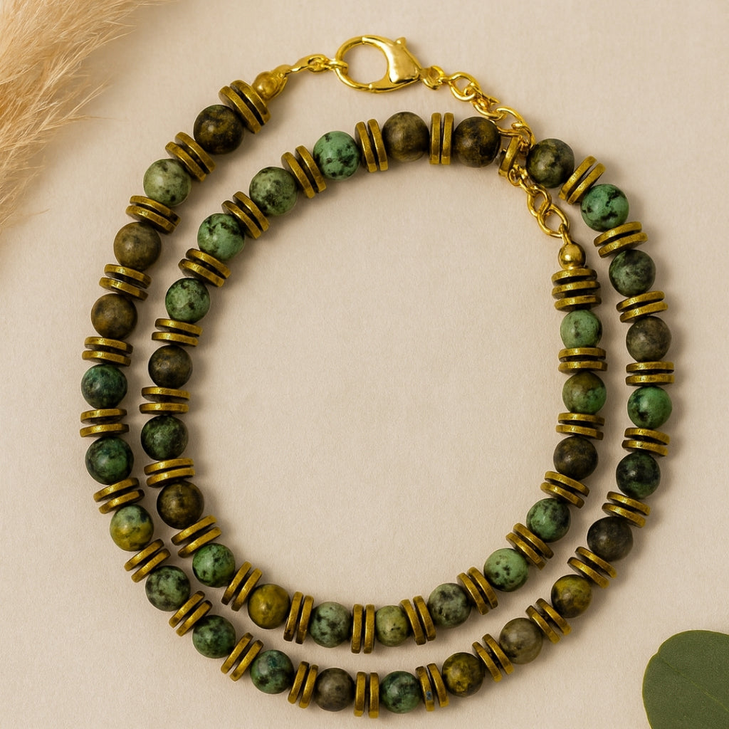 African Turquoise & Hematite Necklace 6mm | Handmade Spiritual Gift