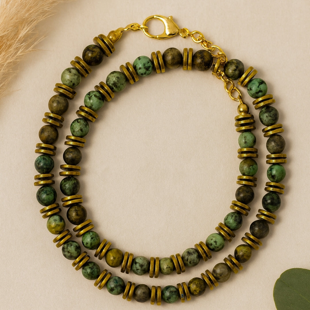 African Turquoise & Hematite Necklace 6mm | Handmade Spiritual Gift