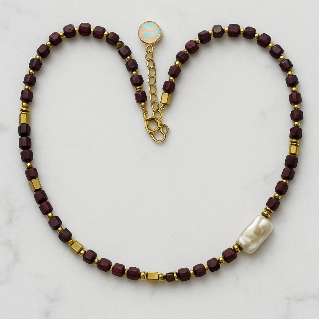 Juno’s Divine Fire Grace Ruby, Hematite Baroque Pearl Necklace Luxury Gemstone Necklace