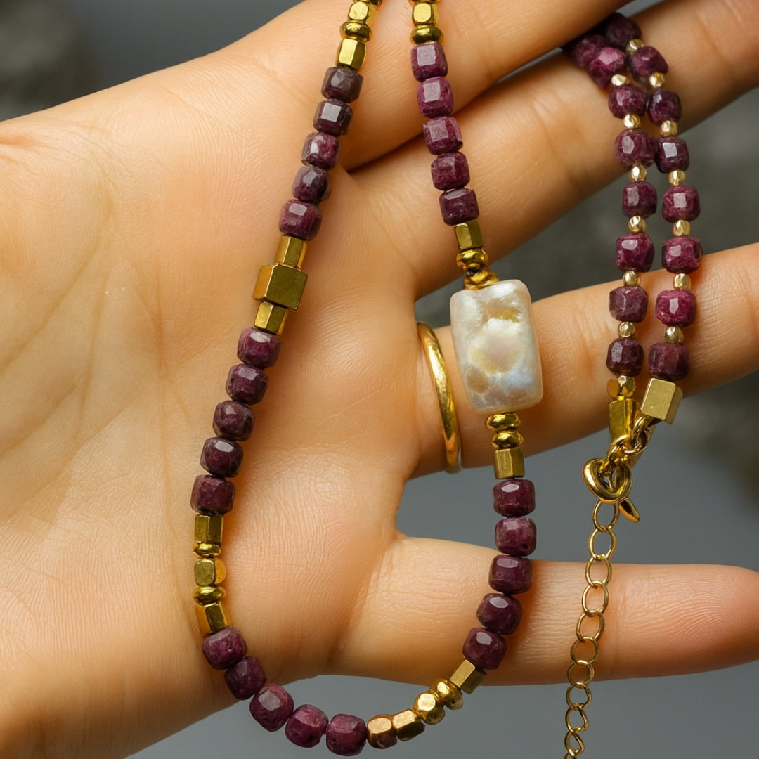 Juno’s Divine Fire Grace Ruby, Hematite Baroque Pearl Necklace Luxury Gemstone Necklace