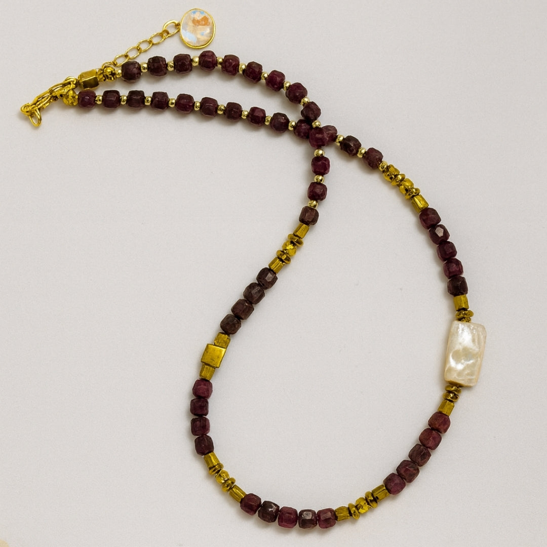 Juno’s Divine Fire Grace Ruby, Hematite Baroque Pearl Necklace Luxury Gemstone Necklace