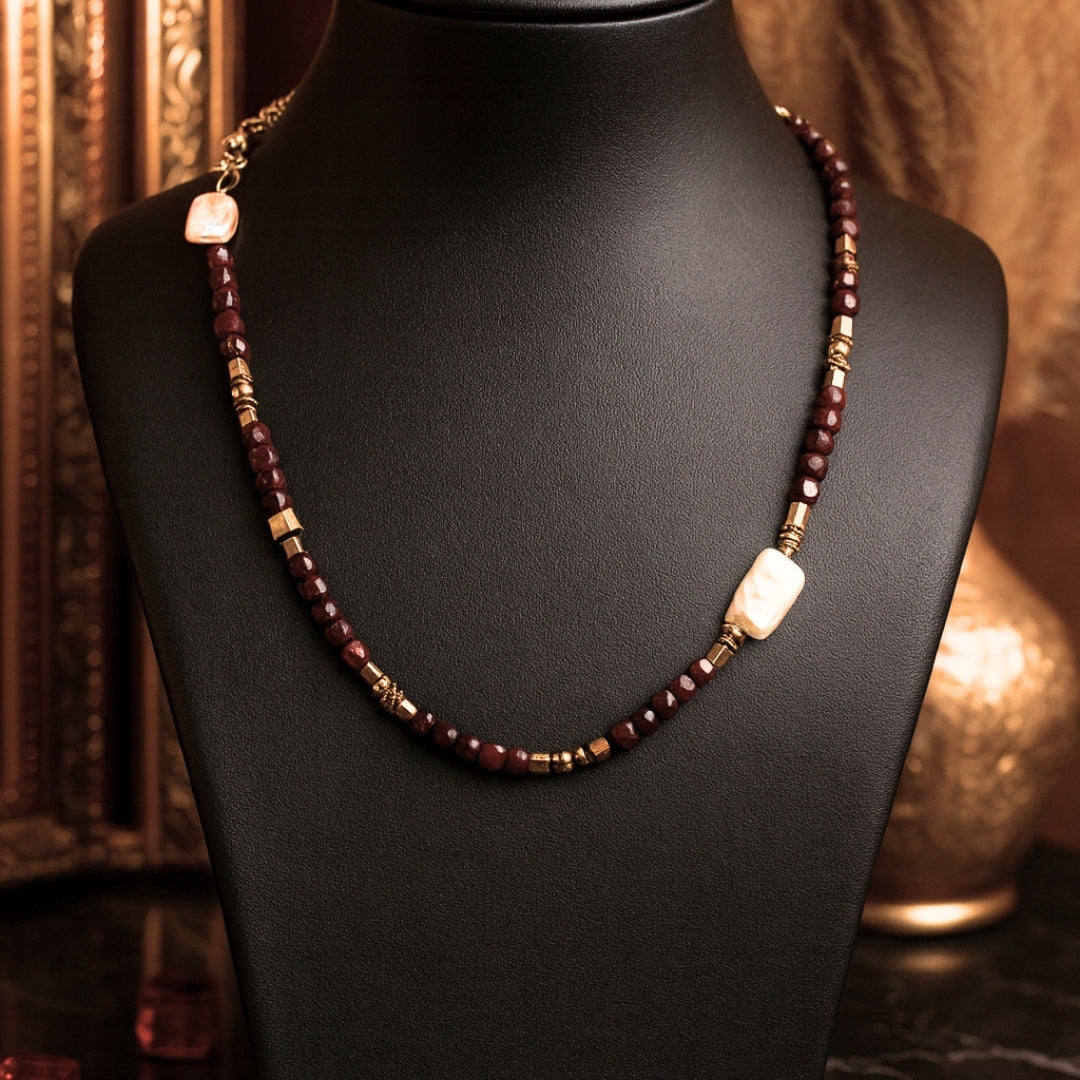 Juno’s Divine Fire Grace Ruby, Hematite Baroque Pearl Necklace Luxury Gemstone Necklace