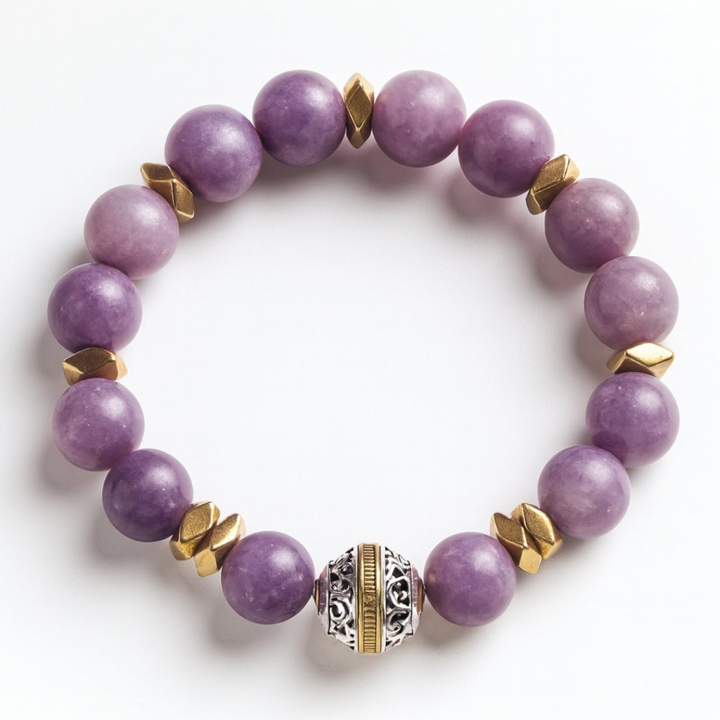 Lepidolite Bracelet 10 mm | Healing Crystal Jewelry for Serenity, Balance, Wrinkle Healing & Youth | Aurum Lyris Collection|Nivalis Talisman