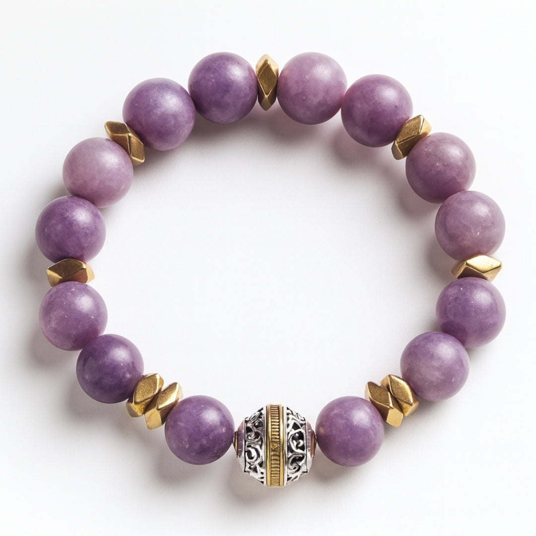 Lepidolite Bracelet 10 mm | Healing Crystal Jewelry for Serenity, Balance, Wrinkle Healing & Youth | Aurum Lyris Collection|Nivalis Talisman