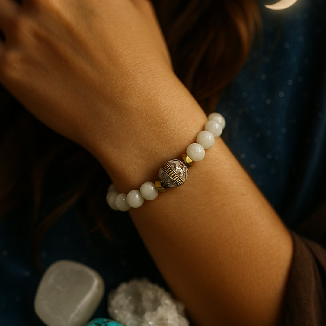 Moonstone Bracelet 8mm | AAA White Moonstone and Hematite  | Gift for Her