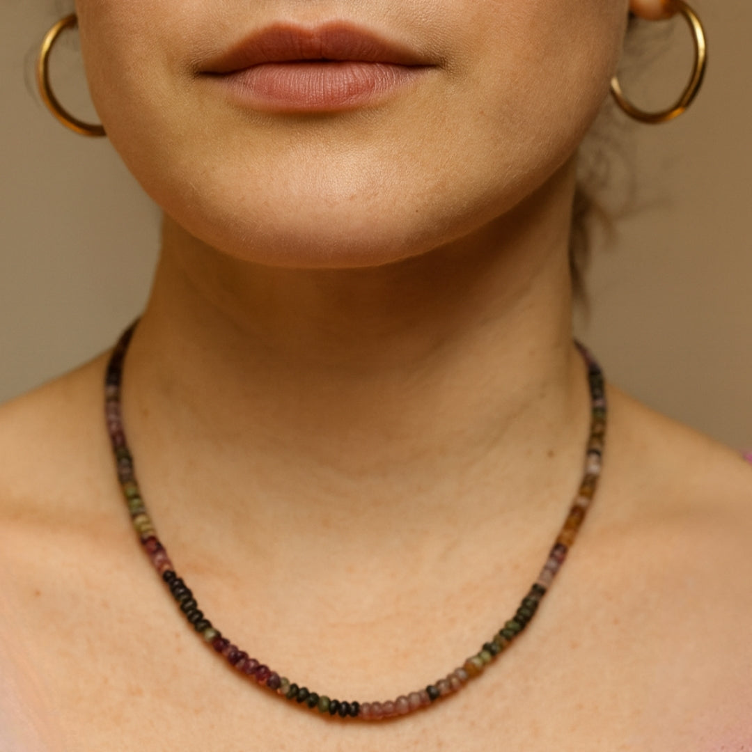 Natural Multi Tourmaline Necklace 5mm Faceted Beads 925 Sterling Silver