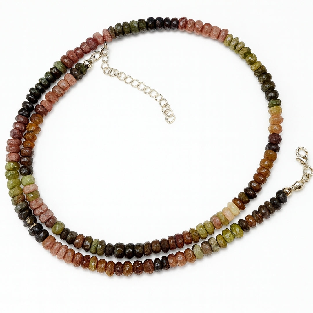 Natural Multi Tourmaline Necklace 5mm Faceted Beads 925 Sterling Silver