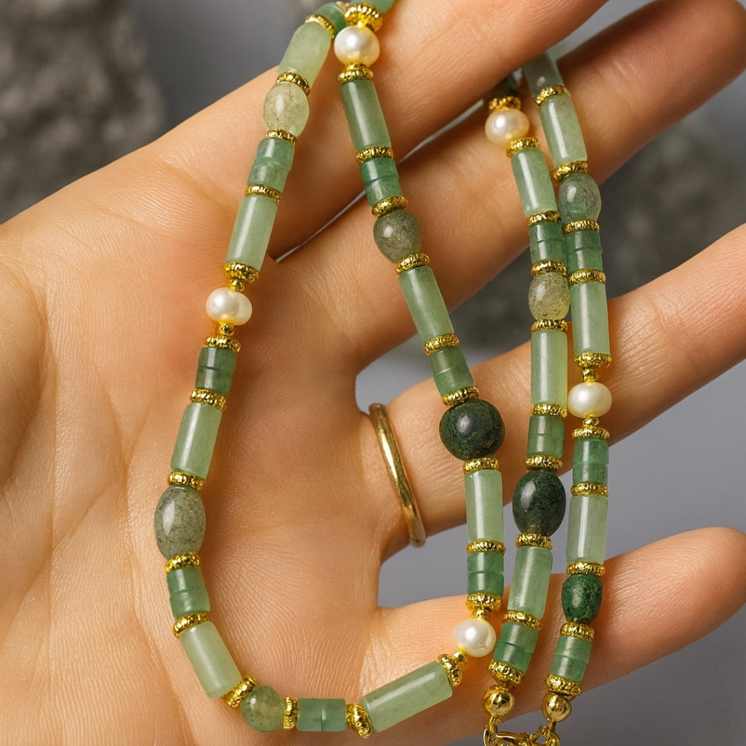 Nature of Soul Secret Green Aventurine, Rutilated Quartz Pearl Necklace