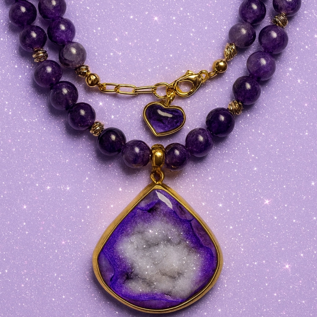 Buy this 8mm Amethyst Druzy Necklace to enhance your psychic abilities and spiritual vision. Shop this 18K Gold Plated Shield to ward off stress and bad vibes. Order this Luxury Gemstone Jewelry as a meaningful Graduation Gift or Self Care treat. Get this Prosperity Crystal to attract abundance and mental focus. Choose this Crown Chakra stone for divine connection. Purchase this Elegant Necklace for a gala. Select this Flashy Druzy for its unique copper glow.