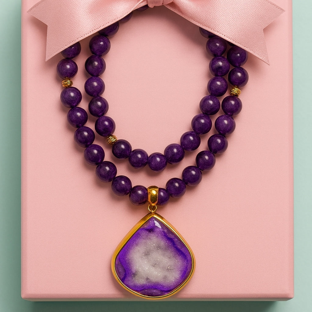 Get this Protective Amethyst Necklace and stay centered with 18K gold plated spacers and copper druzy. Buy this Manifestation Stone for your daily intentions and clarity. Shop this 8mm Gemstone Jewelry for a trendy yet deeply spiritual vibe. Order this Gift for Mom to offer wisdom and protection. Choose this Pure Silver compatible accessory style for lasting quality. Purchase this Natural Crystal Jewelry for its authentic vibration. Select this Real Amethyst stone now.