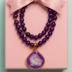 Get this Protective Amethyst Necklace and stay centered with 18K gold plated spacers and copper druzy. Buy this Manifestation Stone for your daily intentions and clarity. Shop this 8mm Gemstone Jewelry for a trendy yet deeply spiritual vibe. Order this Gift for Mom to offer wisdom and protection. Choose this Pure Silver compatible accessory style for lasting quality. Purchase this Natural Crystal Jewelry for its authentic vibration. Select this Real Amethyst stone now.