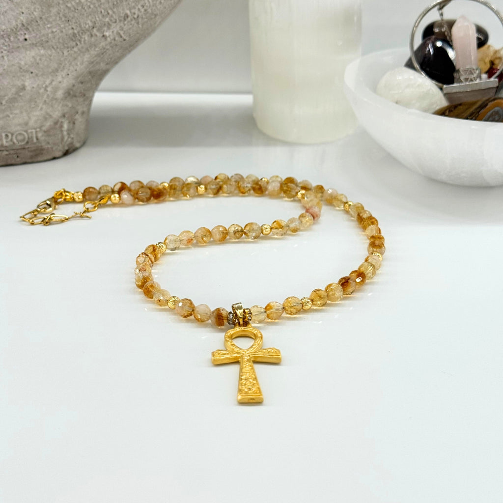 Citrine Ankh Necklace | 6 mm Faceted Citrine with Ankh Pendant | Codex of Sekhmet