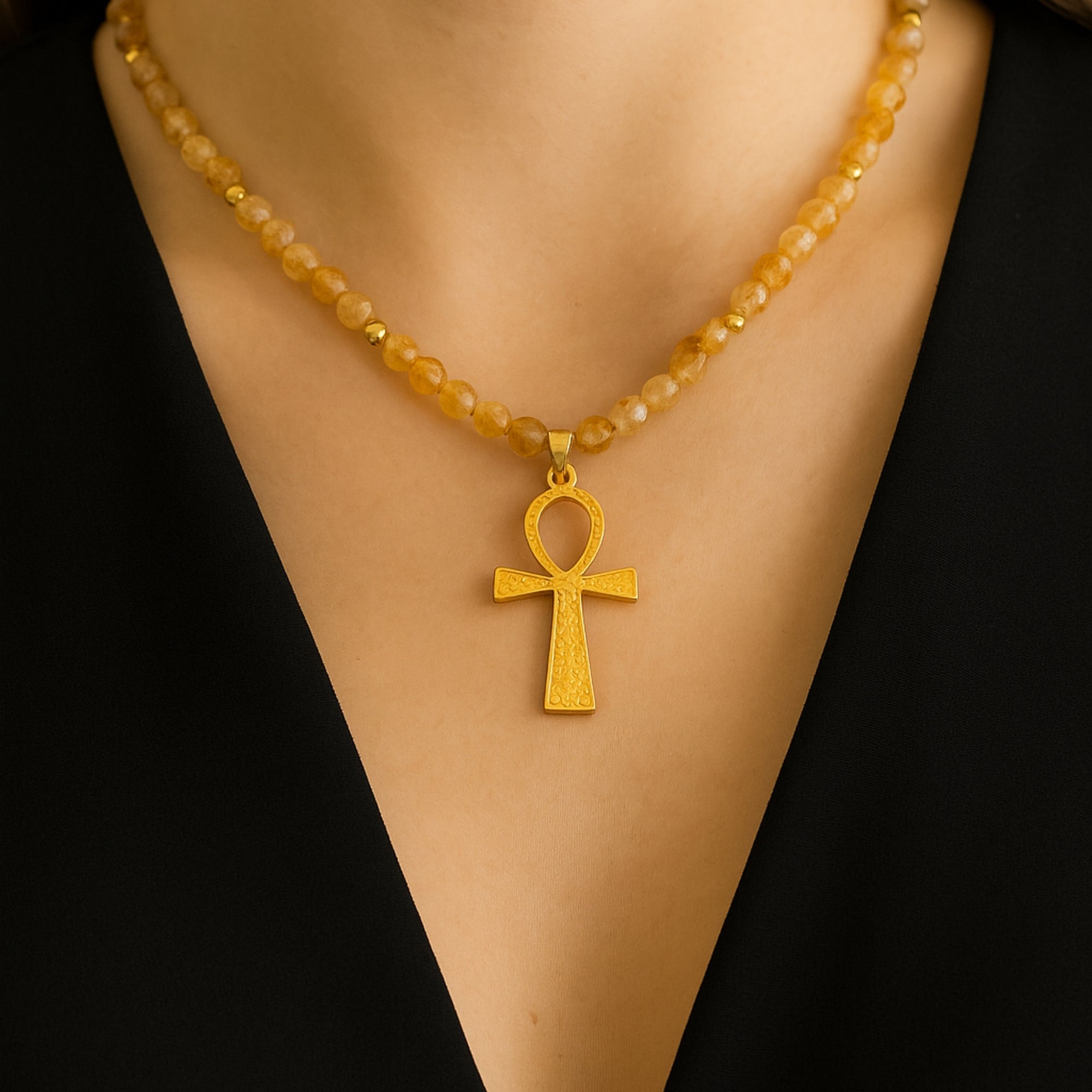 Citrine Ankh Necklace | 6 mm Faceted Citrine with Ankh Pendant | Codex of Sekhmet