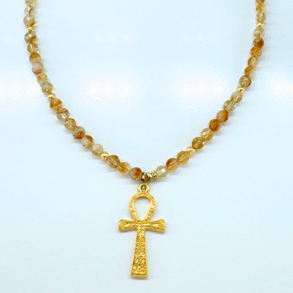 Citrine Ankh Necklace | 6 mm Faceted Citrine with Ankh Pendant | Codex of Sekhmet