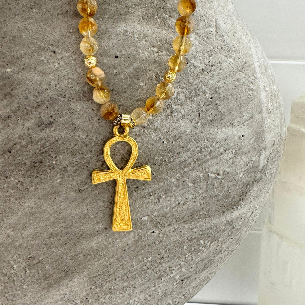 Citrine Ankh Necklace | 6 mm Faceted Citrine with Ankh Pendant | Codex of Sekhmet