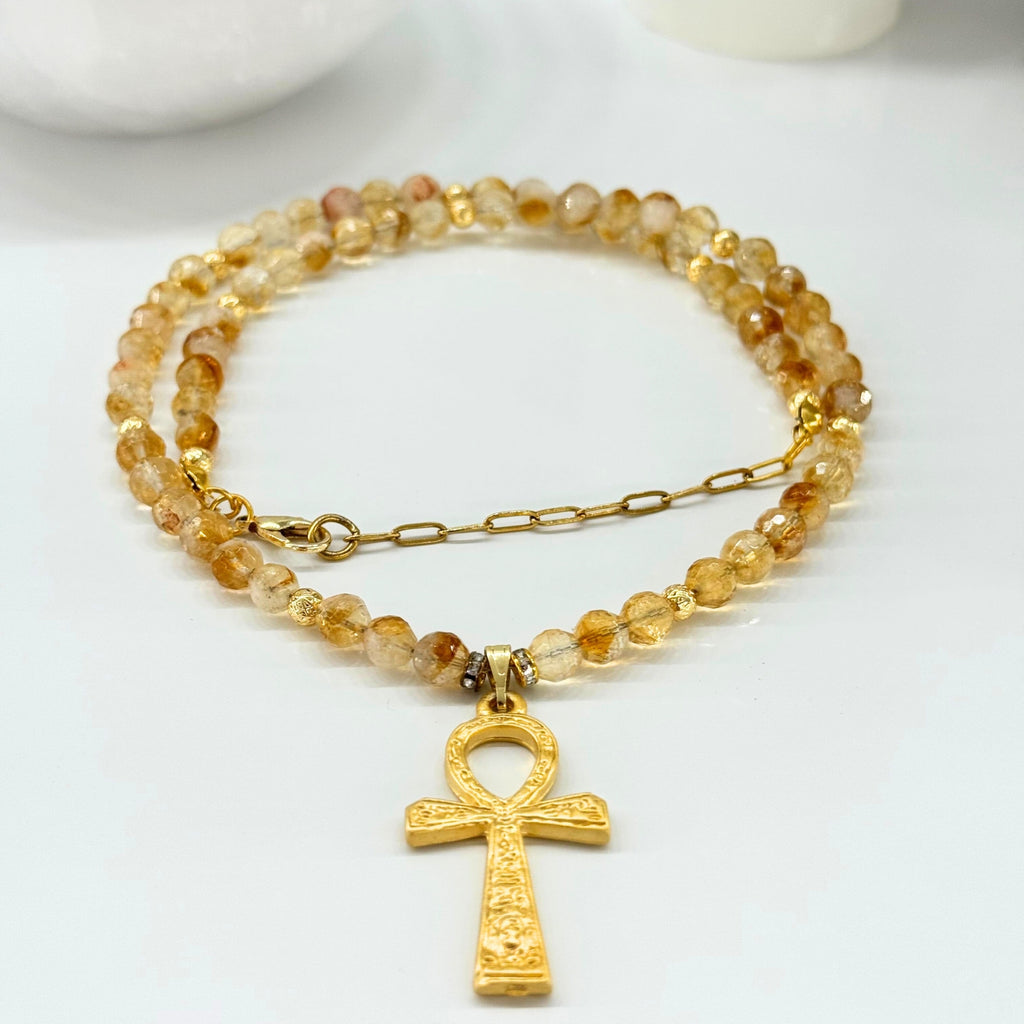 Citrine Ankh Necklace | 6 mm Faceted Citrine with Ankh Pendant | Codex of Sekhmet