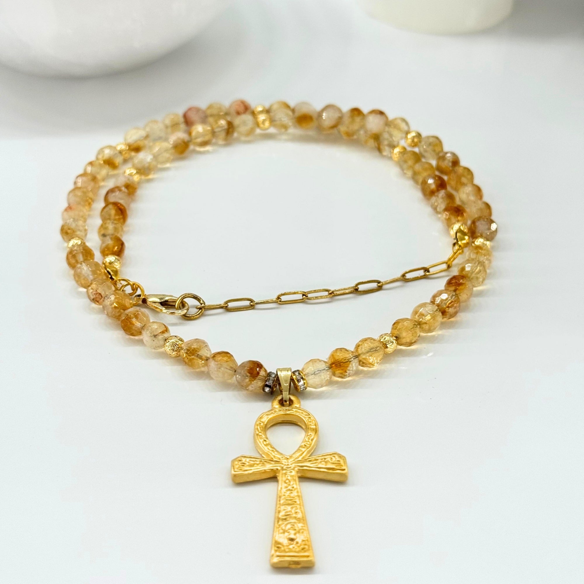 Citrine Ankh Necklace | 6 mm Faceted Citrine with Ankh Pendant | Codex of Sekhmet