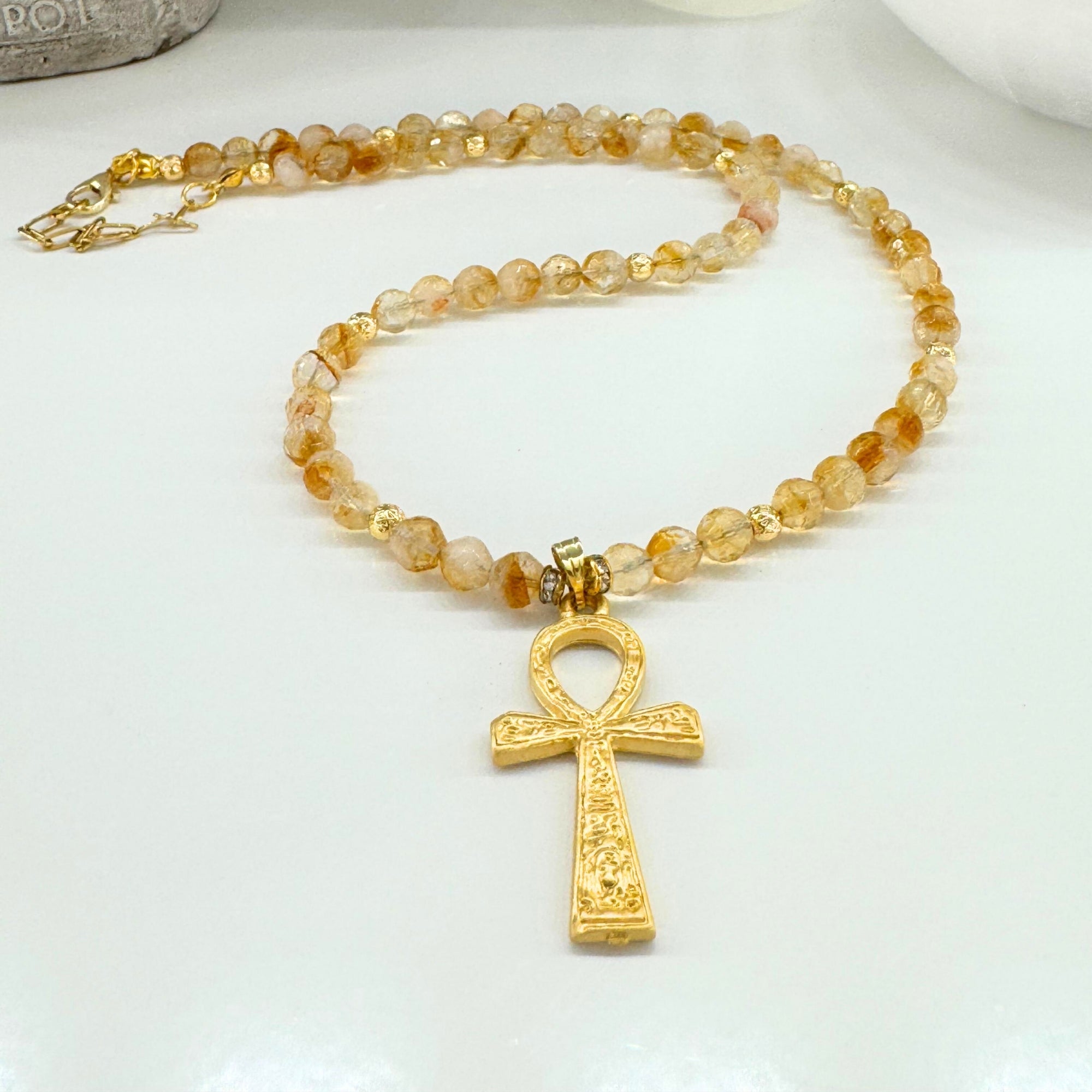 Citrine Ankh Necklace | 6 mm Faceted Citrine with Ankh Pendant | Codex of Sekhmet