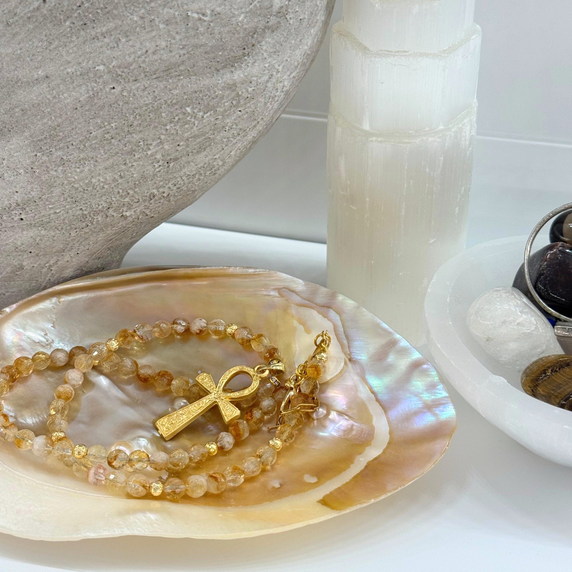 Citrine Ankh Necklace | 6 mm Faceted Citrine with Ankh Pendant | Codex of Sekhmet