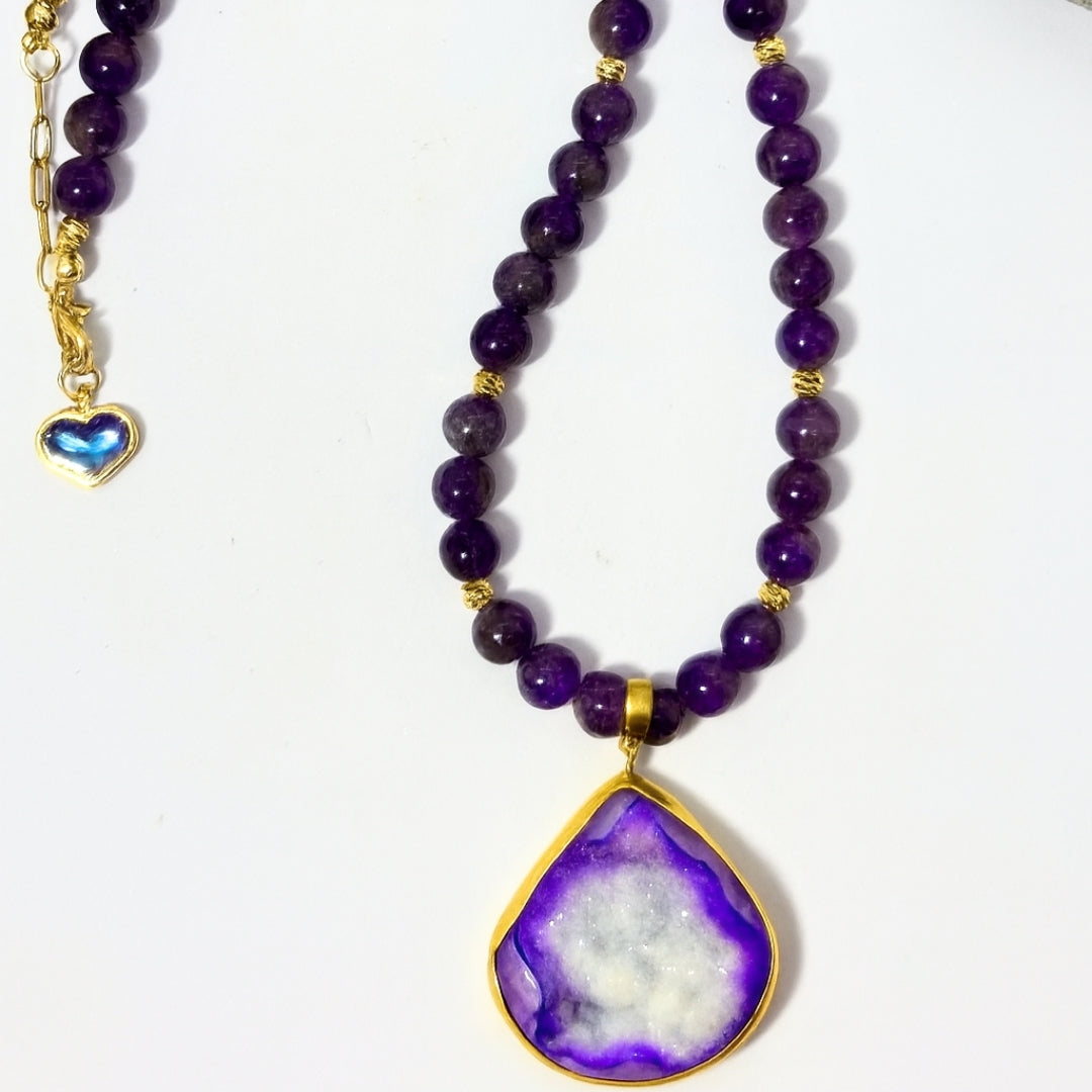 Amethyst Druzy Agate Necklace 8 mm | Healing Crystal Jewelry for Clarity, Protection & Cosmic Balance | Copper Starfire Collection