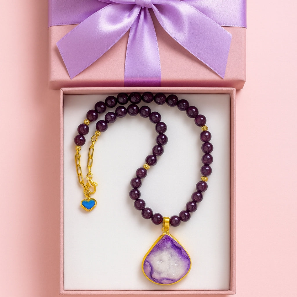 Amethyst Druzy Agate Necklace 8 mm | Healing Crystal Jewelry for Clarity, Protection & Cosmic Balance | Copper Starfire Collection