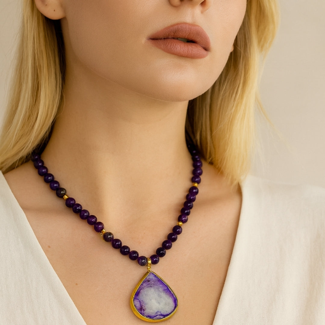 Amethyst Druzy Agate Necklace 8 mm | Healing Crystal Jewelry for Clarity, Protection & Cosmic Balance | Copper Starfire Collection