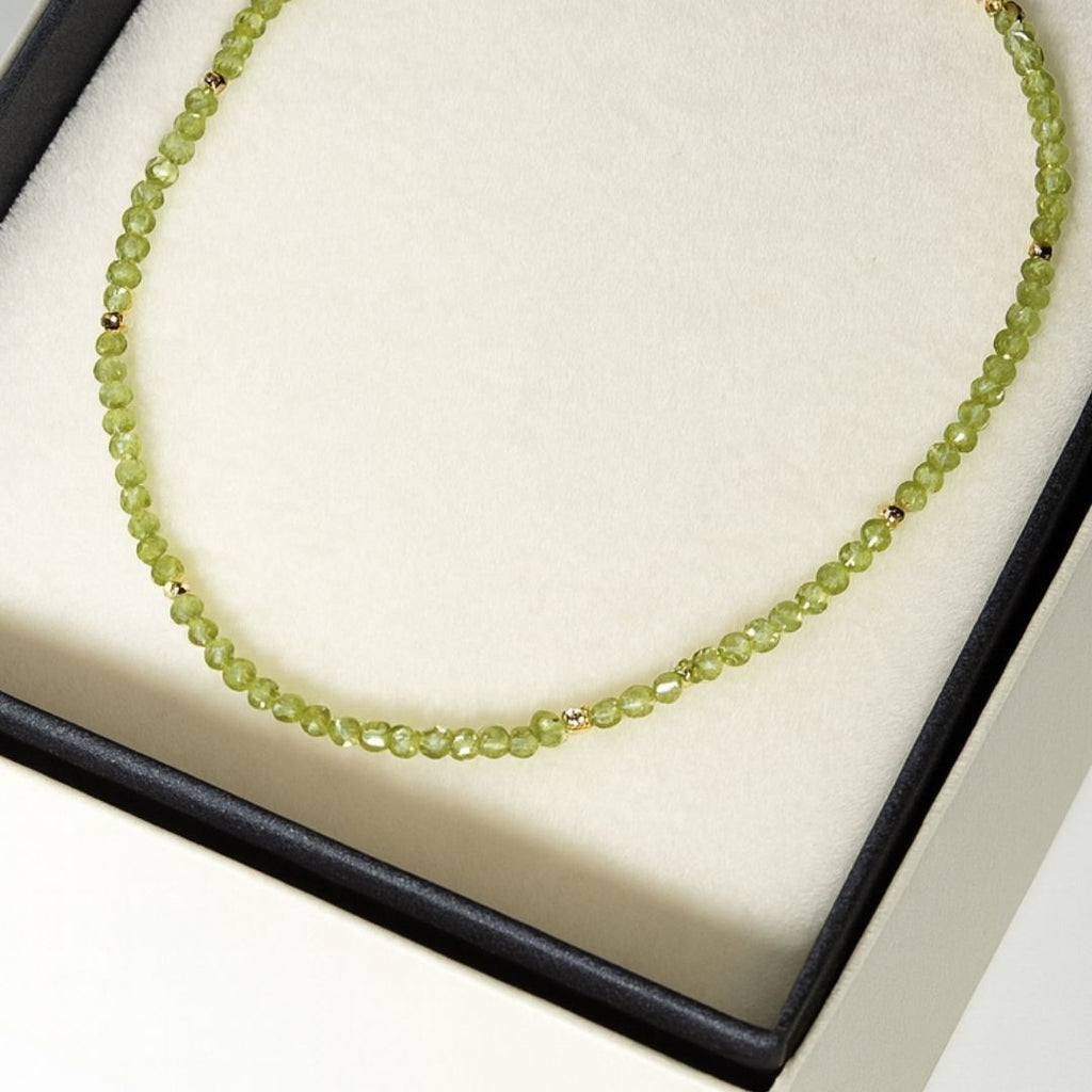 Peridot Necklace | 3 mm Faceted Green Peridot with Gold Accents