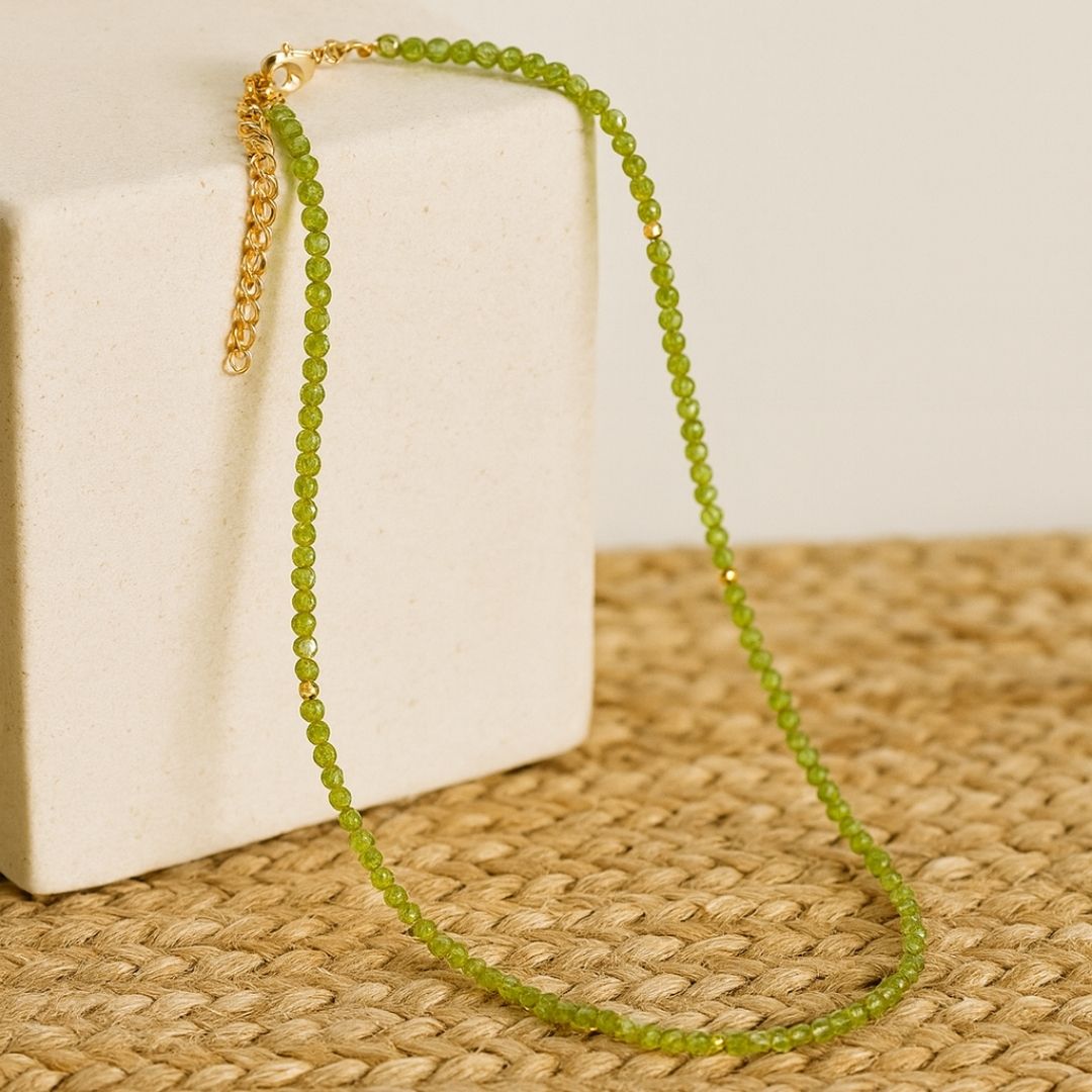 Peridot Necklace | 3 mm Faceted Green Peridot with Gold Accents