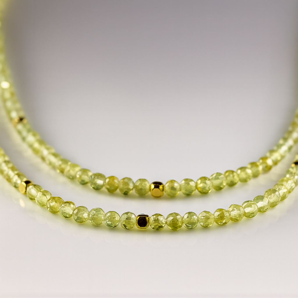 Peridot Necklace | 3 mm Faceted Green Peridot with Gold Accents