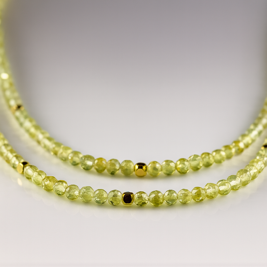 Peridot Necklace | 3 mm Faceted Green Peridot with Gold Accents