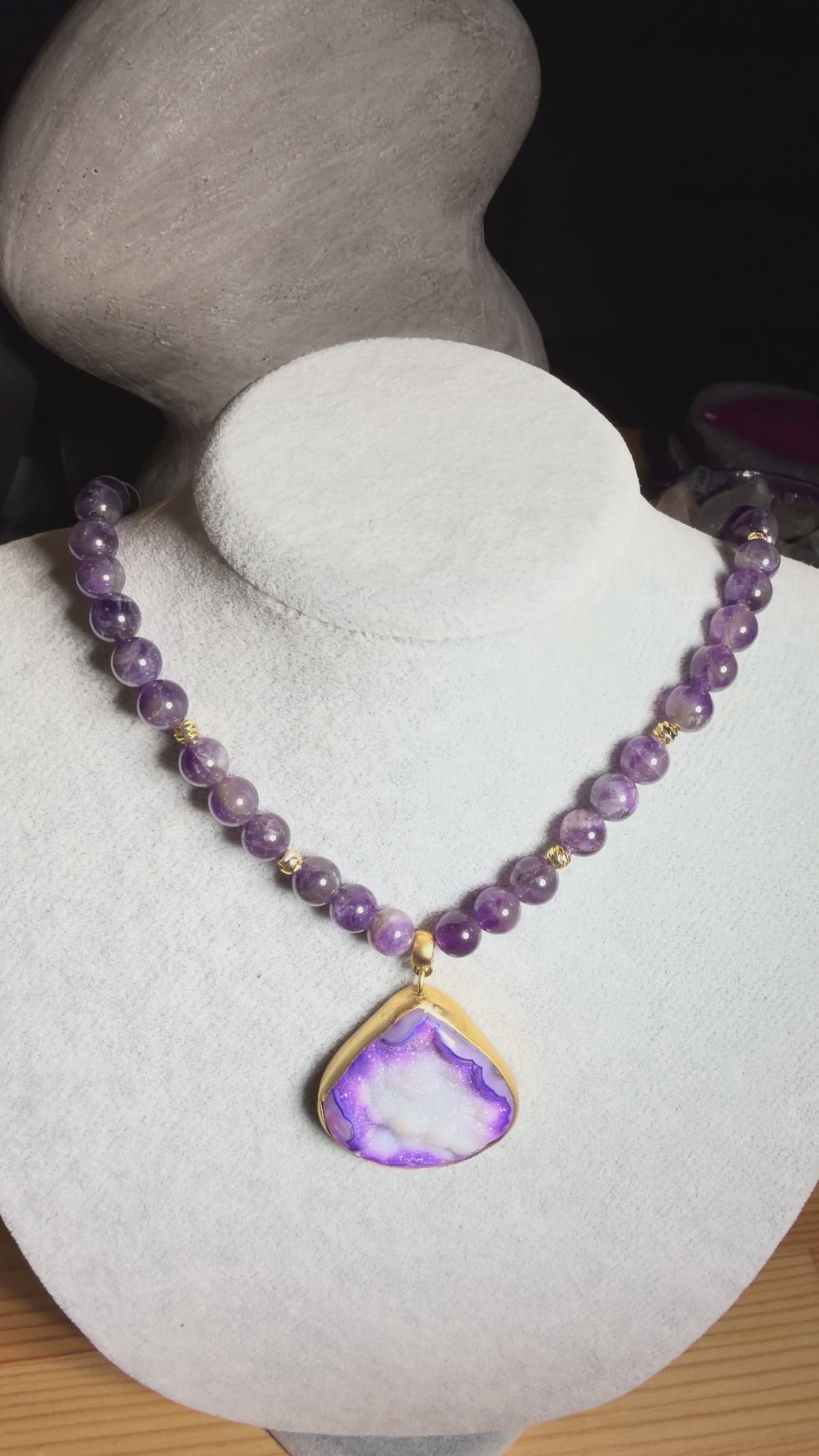 Amethyst Druzy Agate Necklace, Copper Pendant, 18K Gold Plated Spacers, Healing Crystal Jewelry