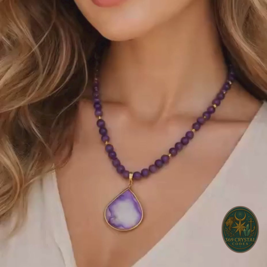 Buy this Amethyst Druzy Agate Necklace featuring 8mm beads and 18K Gold Plated spacers for ultimate healing. Shop this Copper Druzy Pendant jewelry to enhance your clarity and spiritual protection today. Order this Natural Gemstone Necklace as a prestigious February Birthstone Gift or a unique Luxury Gift for Her. Get this Healing Crystal Jewelry to balance your Crown Chakra and find peace. Choose this Bestseller Necklace for its high-end sparkle. Purchase now.