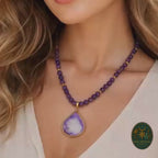 Buy this Amethyst Druzy Agate Necklace featuring 8mm beads and 18K Gold Plated spacers for ultimate healing. Shop this Copper Druzy Pendant jewelry to enhance your clarity and spiritual protection today. Order this Natural Gemstone Necklace as a prestigious February Birthstone Gift or a unique Luxury Gift for Her. Get this Healing Crystal Jewelry to balance your Crown Chakra and find peace. Choose this Bestseller Necklace for its high-end sparkle. Purchase now.