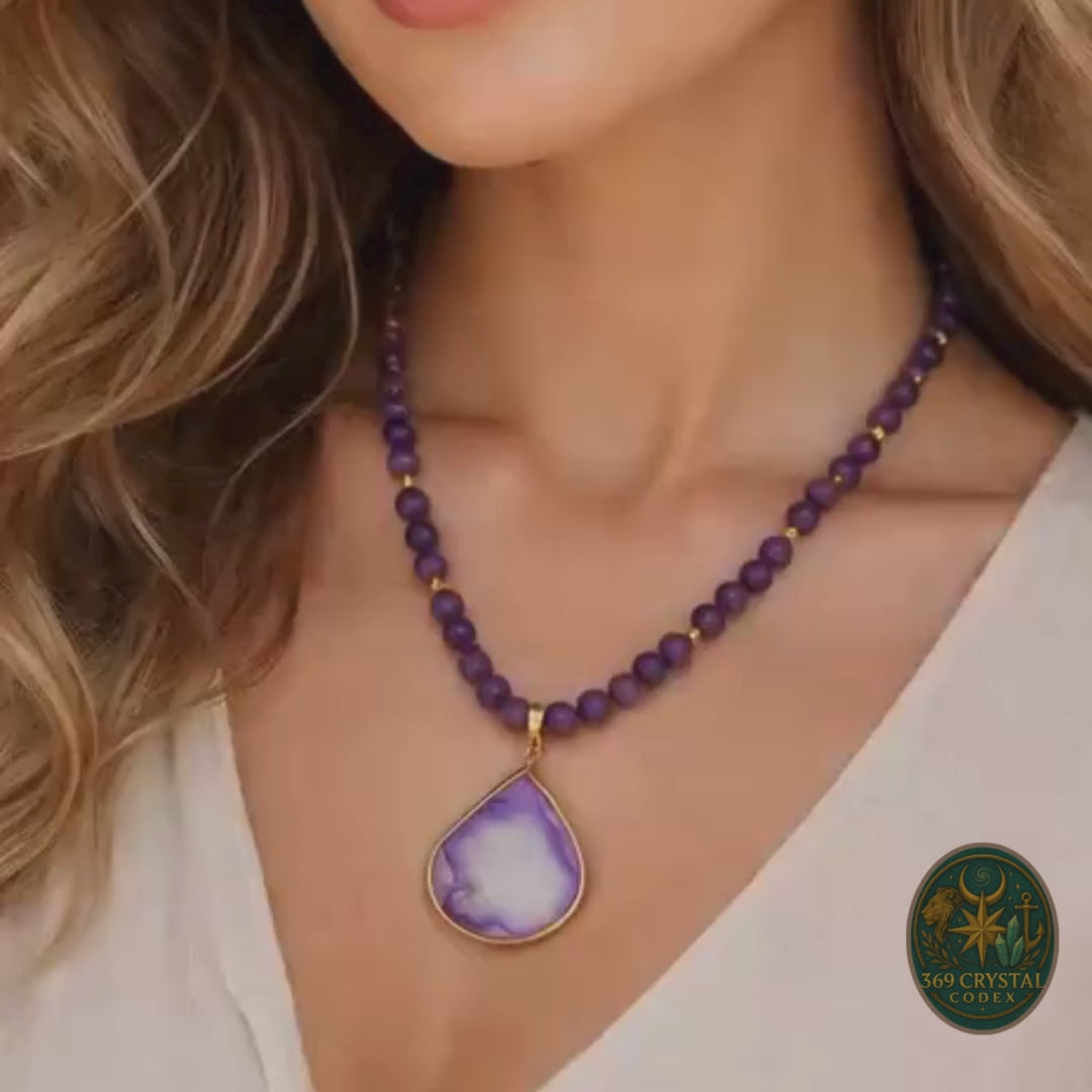 Buy this Amethyst Druzy Agate Necklace featuring 8mm beads and 18K Gold Plated spacers for ultimate healing. Shop this Copper Druzy Pendant jewelry to enhance your clarity and spiritual protection today. Order this Natural Gemstone Necklace as a prestigious February Birthstone Gift or a unique Luxury Gift for Her. Get this Healing Crystal Jewelry to balance your Crown Chakra and find peace. Choose this Bestseller Necklace for its high-end sparkle. Purchase now.