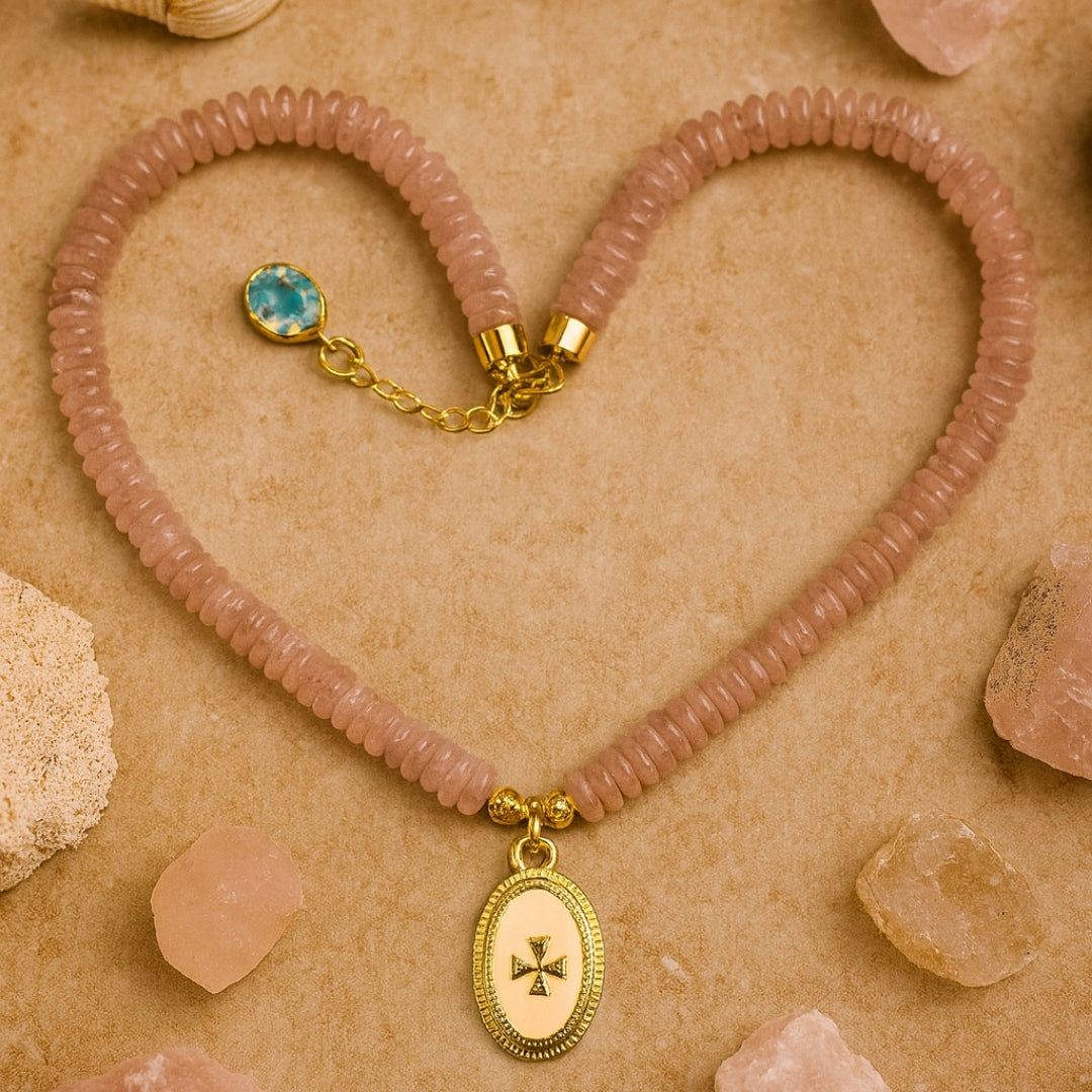 Crux Florata Rose Quartz Necklace – 6mm AAA Rose Quartz • 18K Gold-Plated •