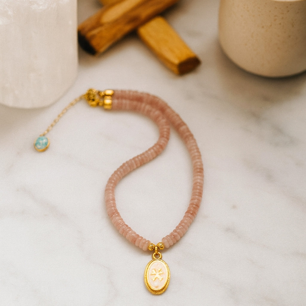 Crux Florata Rose Quartz Necklace – 6mm AAA Rose Quartz • 18K Gold-Plated •